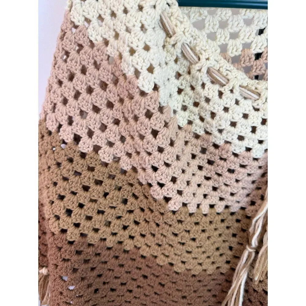 Vintage Handmade Crochet Poncho Shawl Fringe Boho Coastal Festival Layer OS